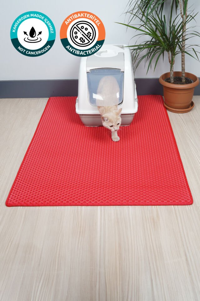 (75X110 CM) HÜCRELİ KEDİ KUMU PASPASI KEDİ MATI KEDİ TUVALET ÖNÜ PASPASI Kırmızı