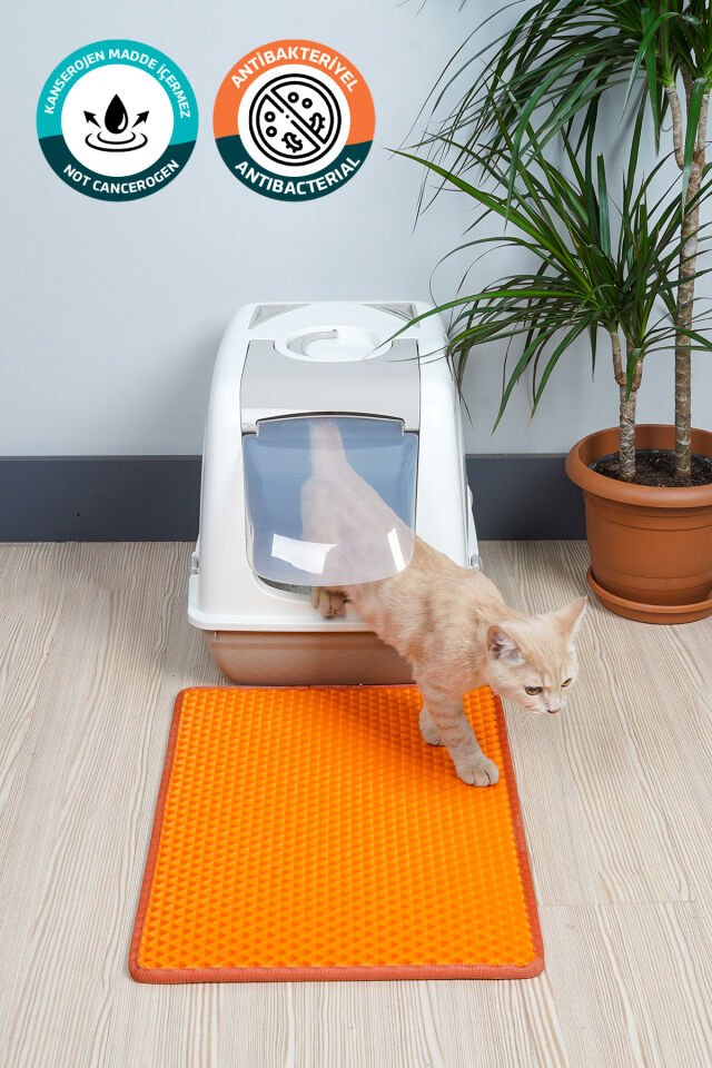 (40X55 CM) HÜCRELİ KEDİ KUMU PASPASI KEDİ MATI KEDİ TUVALET ÖNÜ PASPASI Turuncu